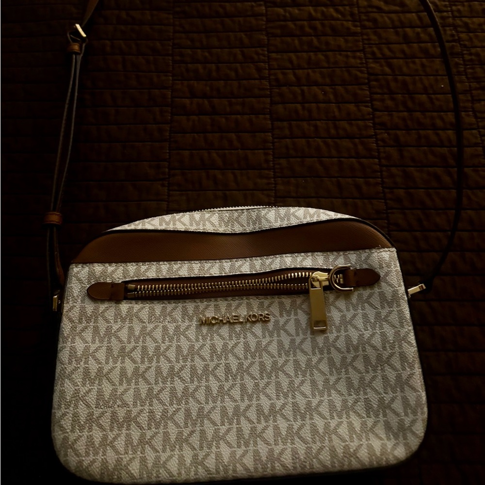 Michael Kors Vanilla Logo and Brown Trim Crossbody Bag